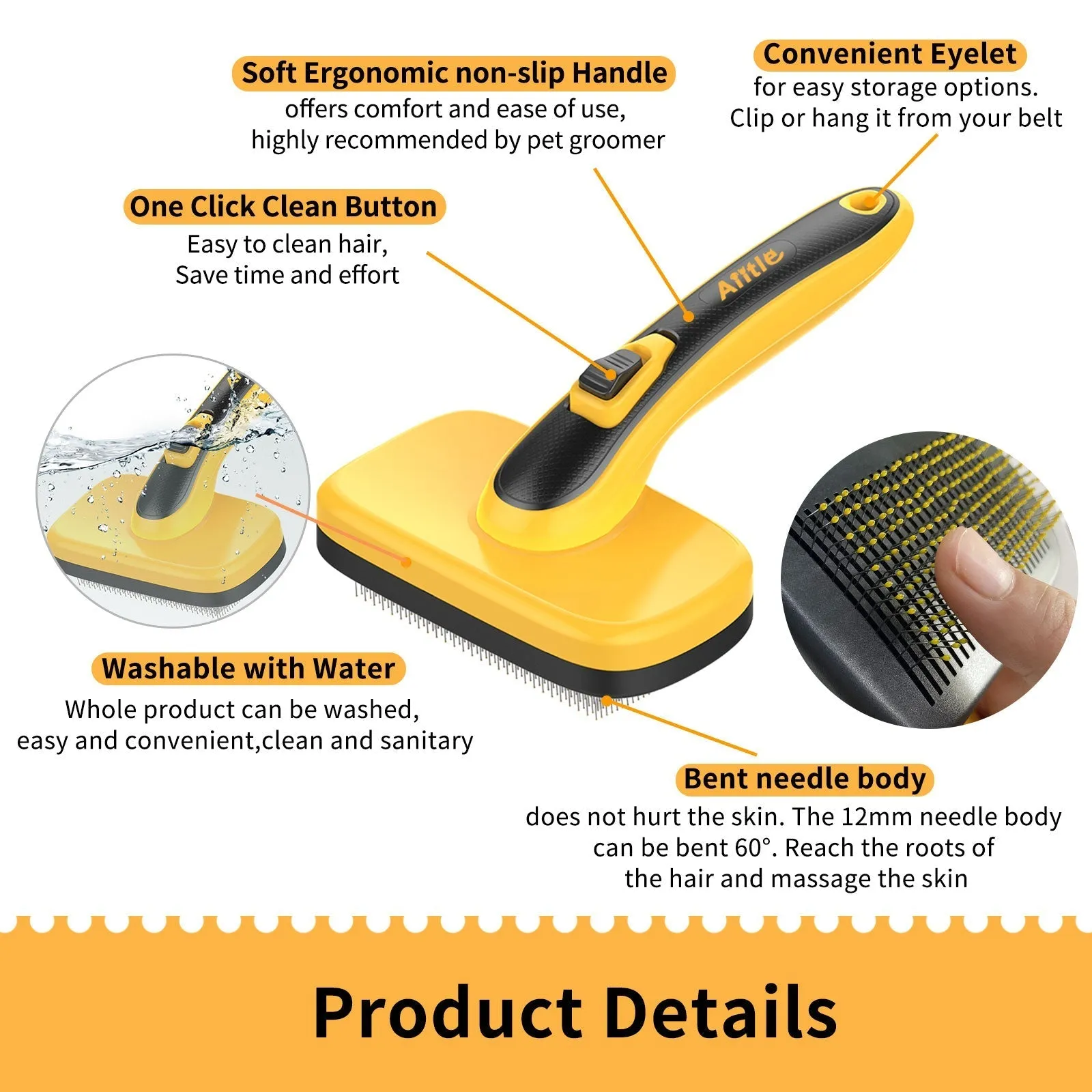 Aiitle Pet Easy Self-Cleaning Brush for Shedding and Grooming Yellow